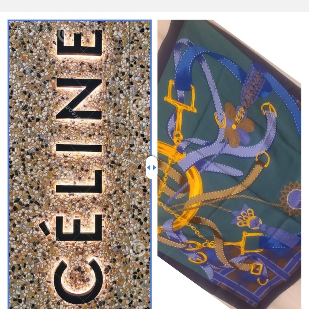 Celine Navy Blue Brown Gold Printed Silk Scarf - Picture 13 of 13